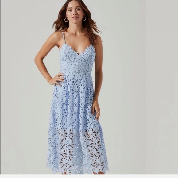 Lace A-Line Midi Dress in Light Blue - Picture 2 of 9